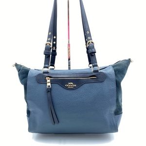 COACH Kleo Carryall Denim Navy Blue Suede & Leather Satchel Handbag